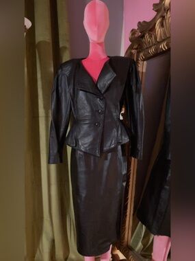 Women's Black Leather Tailored Jacket with Peplum Waist & matching Skirt